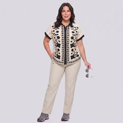 Ivory Floral Contrast Trim Relaxed Blouse Top - image 3