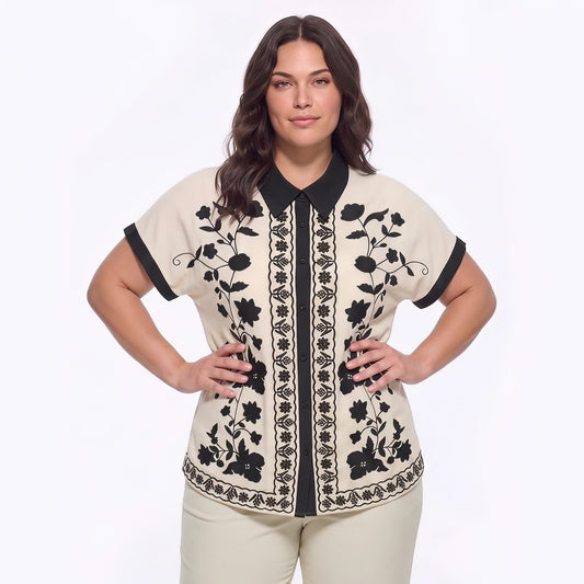 Ivory Floral Contrast Trim Relaxed Blouse Top - image 0