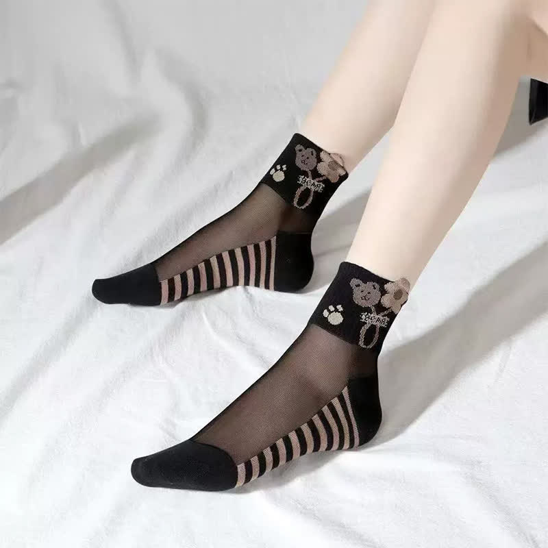 Cute Mesh Bear Ankle Socks(10 Pairs) - Black-C - EU35-40(US2-7) - image 3