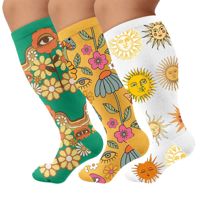 Plus Size Retro Eye Bloom Compression Socks - Multicolor(3 Pairs) - 4XL - image 4