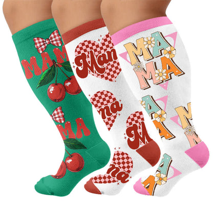 Plus Size Cherry Bow Mama Compression Socks - Multicolor(3 Pairs) - 4XL - image 4