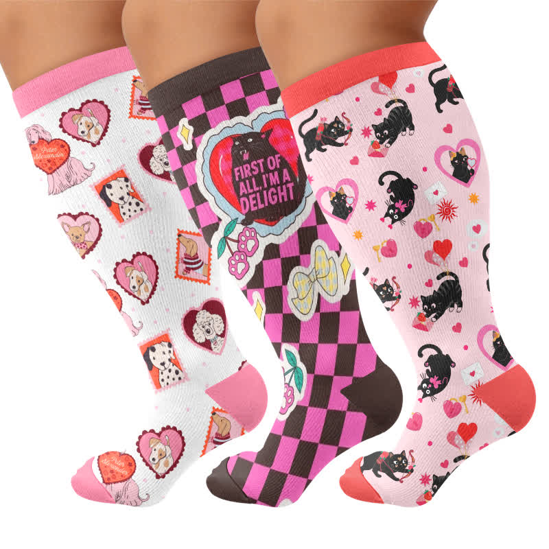 Plus Size Sweetheart Checkered Compression Socks - Multicolor(3 Pairs) - 4XL - image 4
