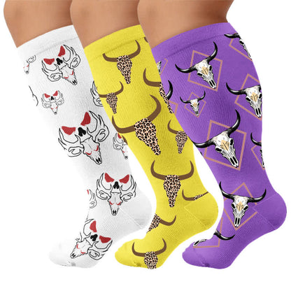 Plus Size Western Bull Skull Compression Socks - Multicolor(3 Pairs) - 4XL - image 4