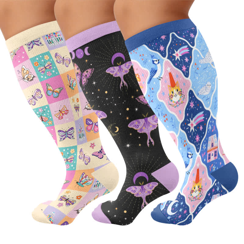 Plus Size Pastel Butterfly Compression Socks - Multicolor(3 Pairs) - 4XL - image 4