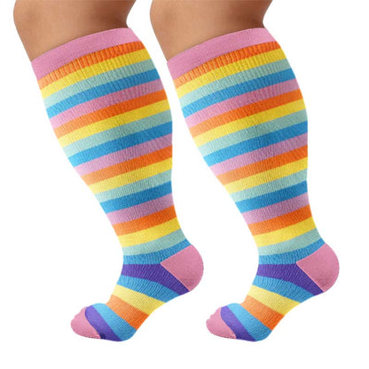 Plus Size Rainbow Stripe Compression Socks - Pink(1 Pair) - 4XL - image 8