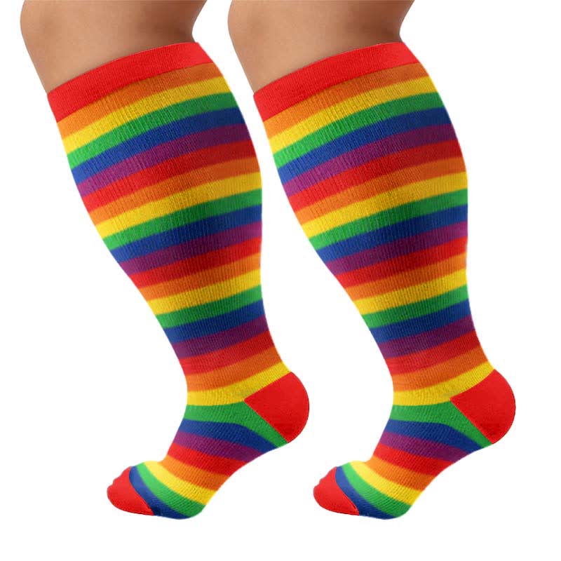 Plus Size Rainbow Stripe Compression Socks - Red(1 Pair) - 4XL - image 10