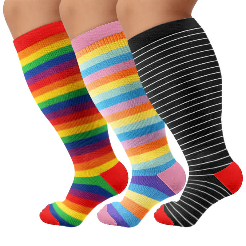 Plus Size Rainbow Stripe Compression Socks - Multicolor(3 Pairs) - 4XL - image 4