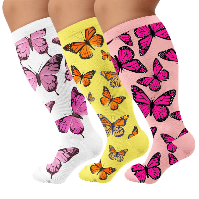 Plus Size Sweet Butterfly Compression Socks - Multicolor(3 Pairs) - 4XL - image 4