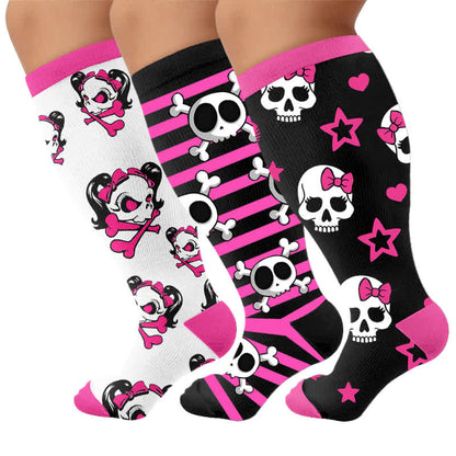 Plus Size Kawaii Skull Compression Socks - Multicolor(3 Pairs) - 4XL - image 4