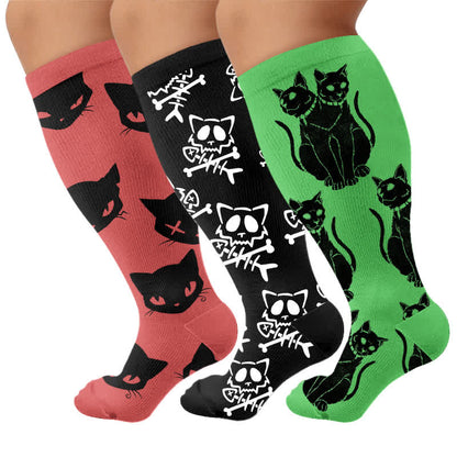 Plus Size Gothic Cat Compression Socks - Multicolor(3 Pairs) - 4XL - image 4
