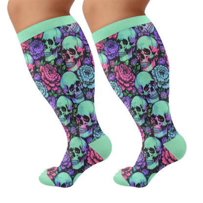 Plus Size Blue Skull Compression Socks - Green(1 Pair) - 4XL - image 8