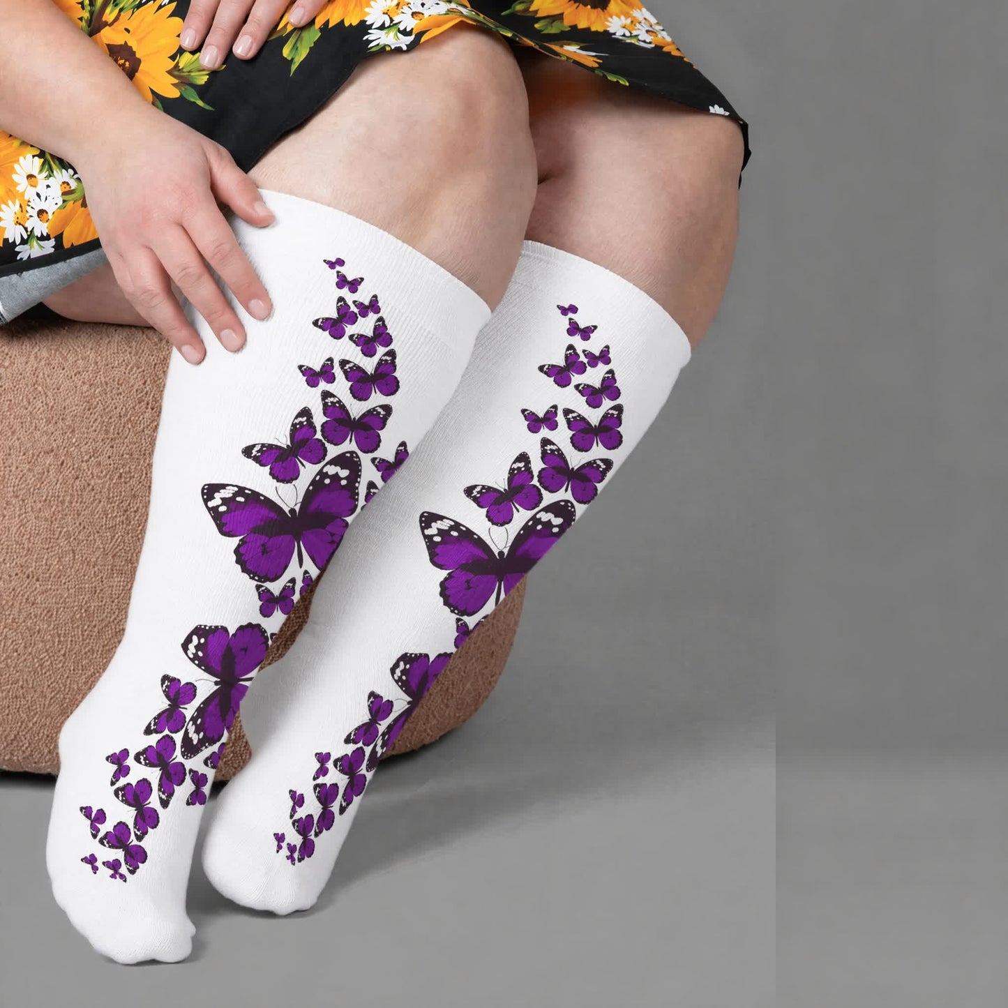 Plus Size Colorful Butterfly Compression Socks - White(1 Pair) - 4XL - image 1