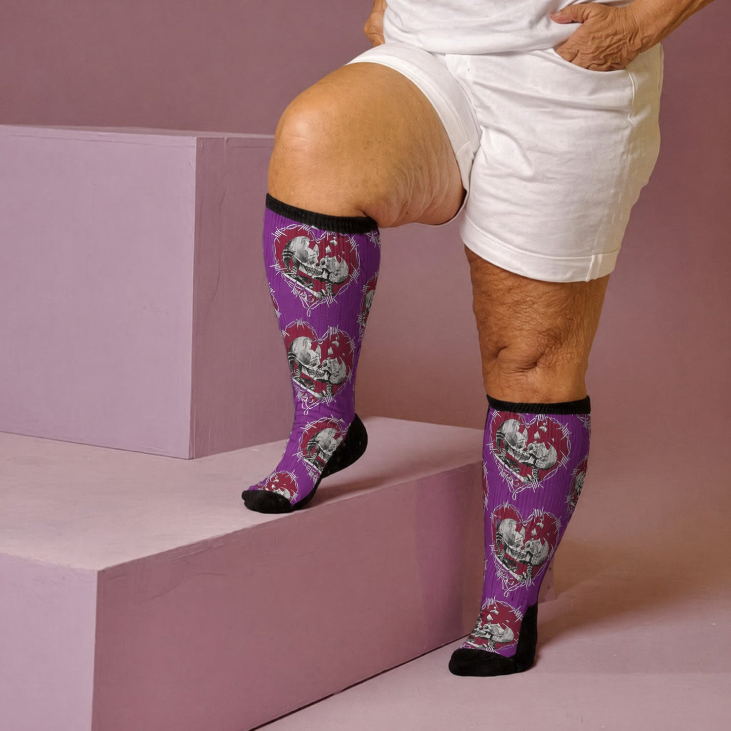 Plus Size Punk Skull Heart Compression Socks - Purple(1 Pair) - 4XL - image 2