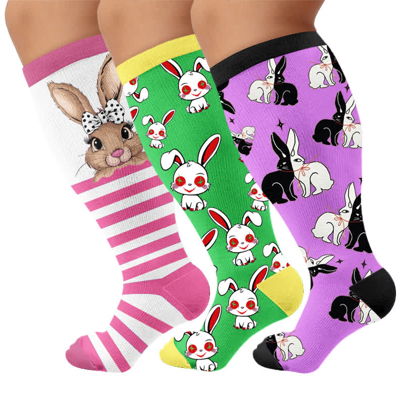 Plus Size Bunny Stripe Compression Socks - Multicolor(3 Pairs) - 4XL - image 4