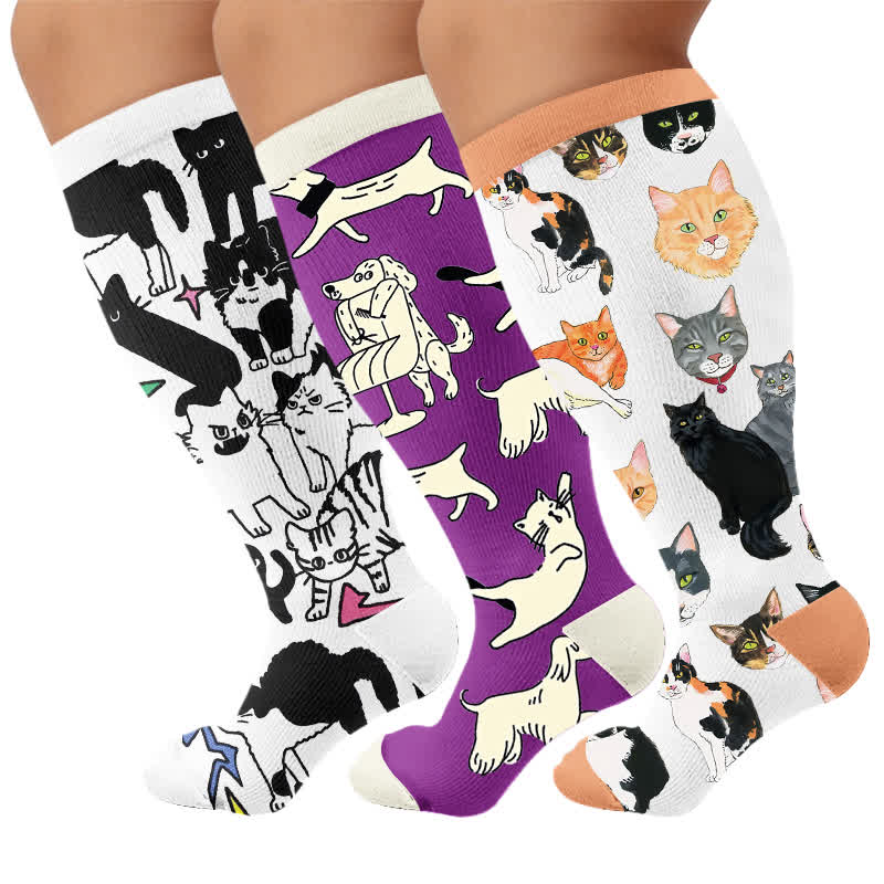 Plus Size Colorful Cat Face Compression Socks - Multicolor(3 Pairs) - 4XL - image 4