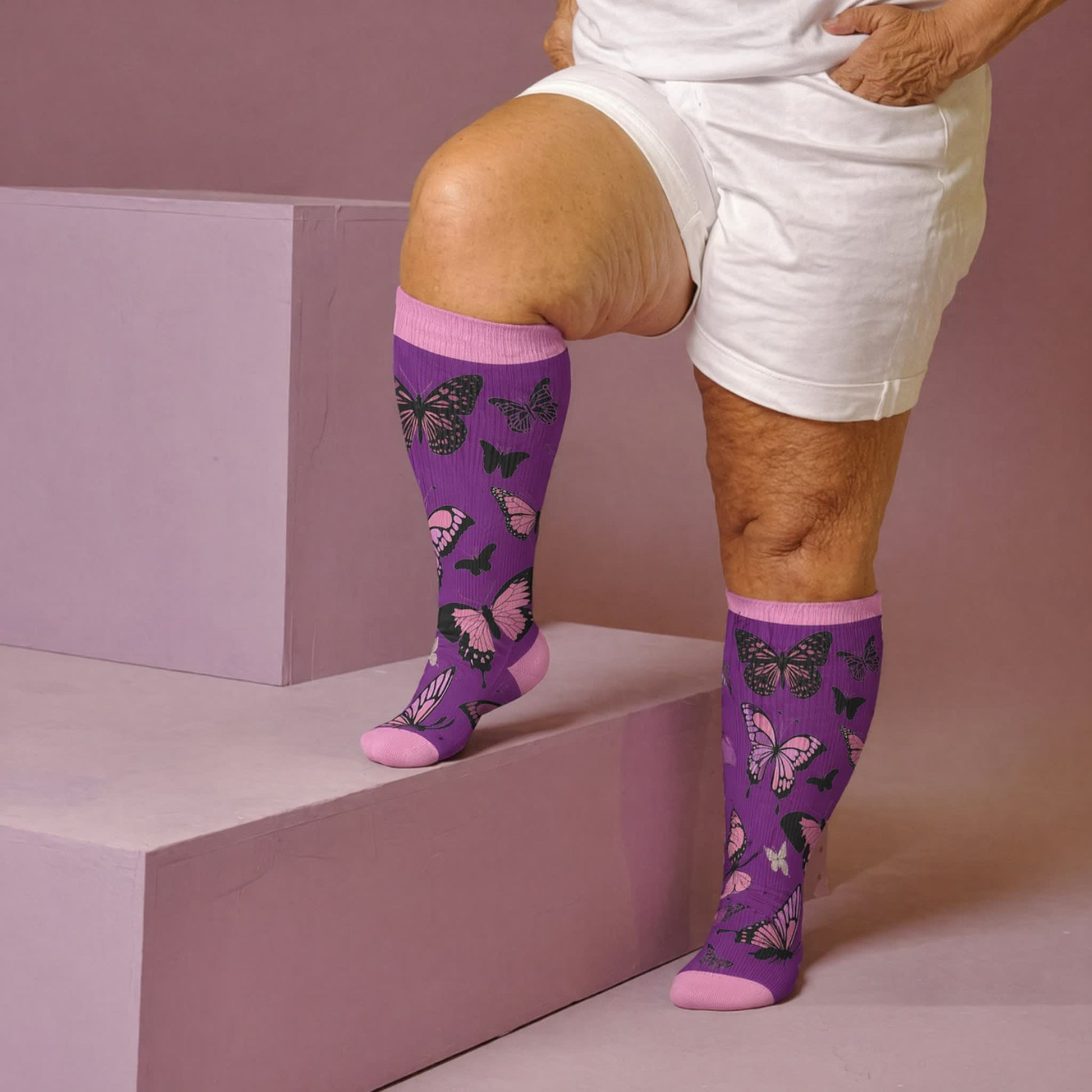 Plus Size Allover Butterfly Compression Socks - Purple(1 Pair) - 4XL - image 2
