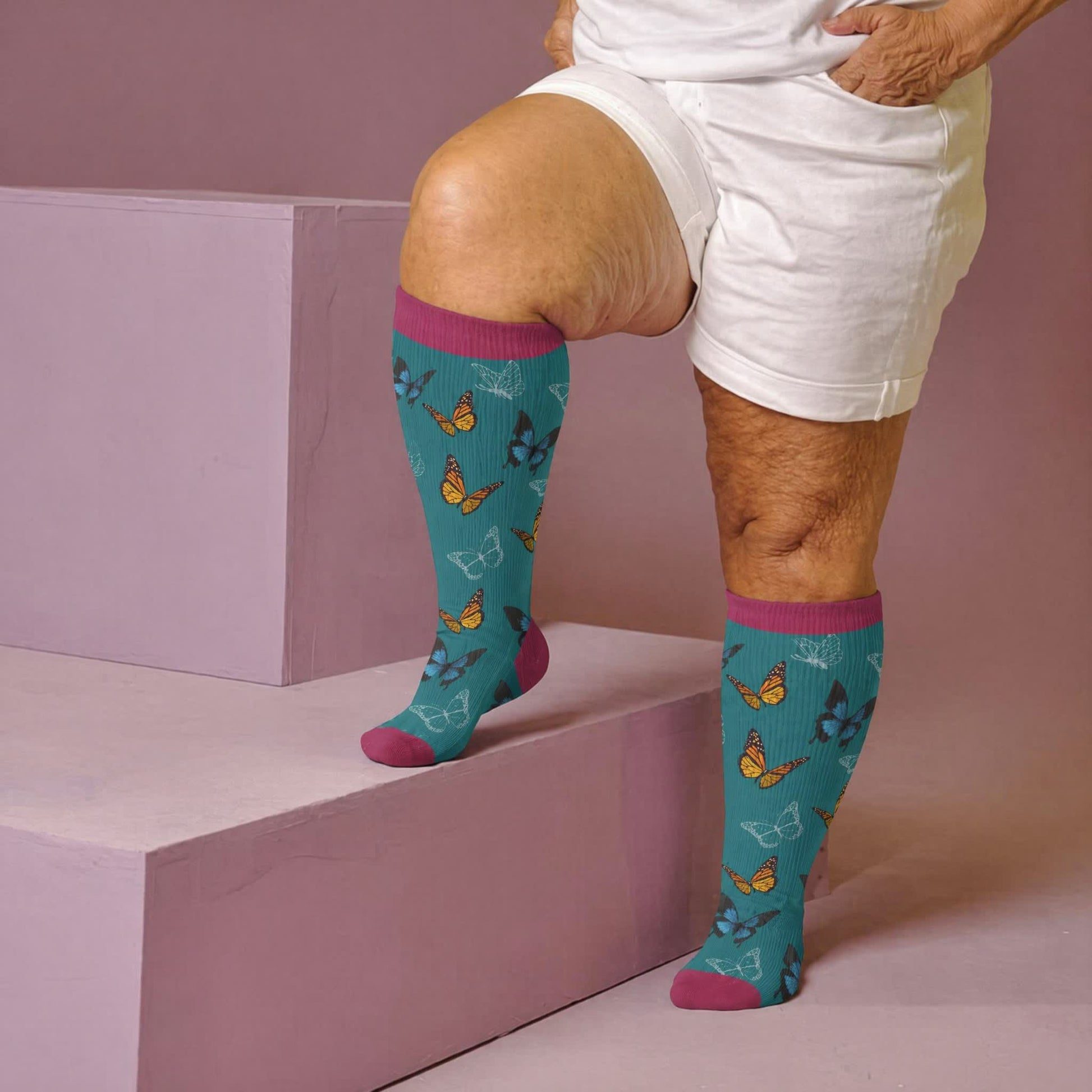 Plus Size Allover Butterfly Compression Socks - Blue(1 Pair) - 4XL - image 3