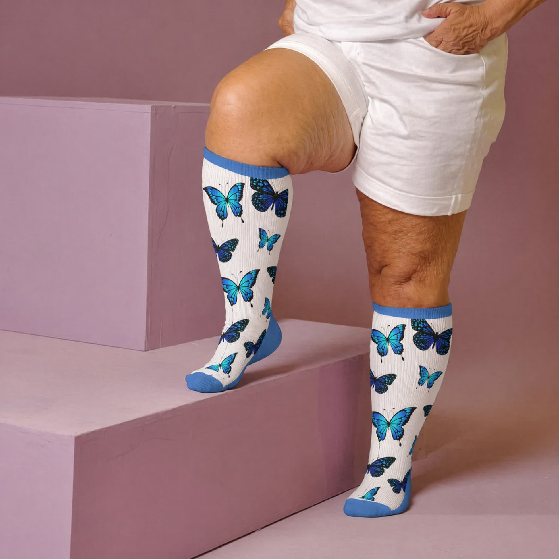 Plus Size Allover Butterfly Compression Socks - White(1 Pair) - 4XL - image 1