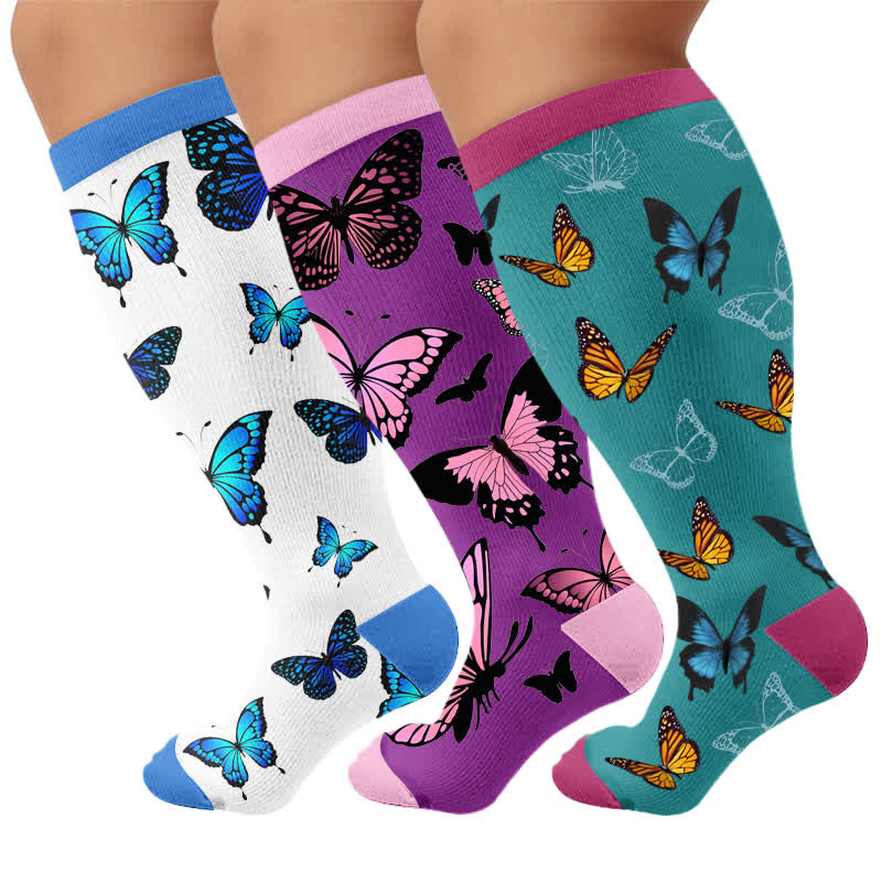 Plus Size Allover Butterfly Compression Socks - Multicolor(3 Pairs) - 4XL - image 4