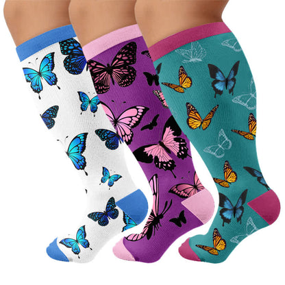 Plus Size Allover Butterfly Compression Socks - Multicolor(3 Pairs) - 4XL - image 4