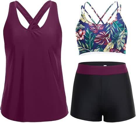 Sport Tankini Three Piece Swimsuits - Purple - XXL - image 9