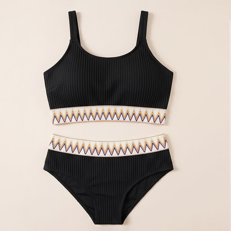 Ribbed Geometric Trim Swimwear - Black - 4XL - image 6