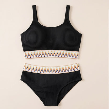 Ribbed Geometric Trim Swimwear - Black - 4XL - image 6