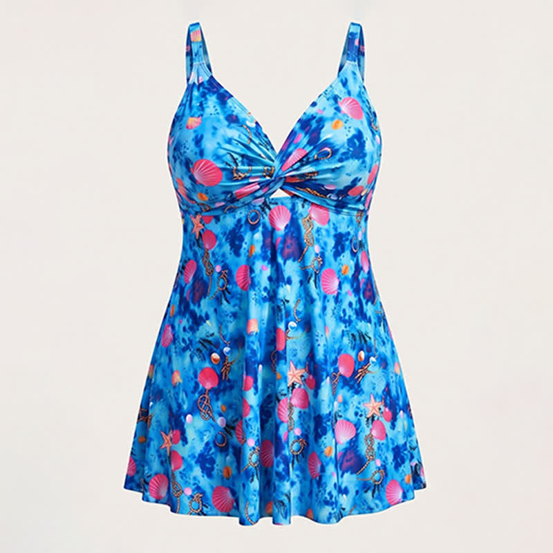 Flower Seashell Print Twist Front Two-Piece Swim Dress - image 17