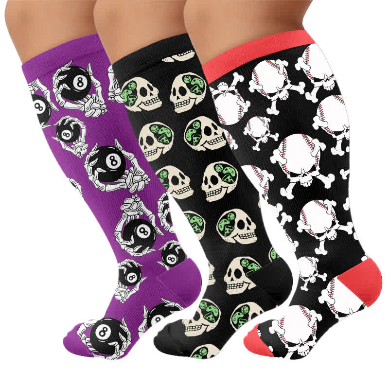 Plus Size 8-Ball Skull Compression Socks - Multicolor(3 Pairs) - 4XL - image 4