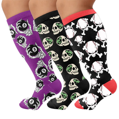 Plus Size 8-Ball Skull Compression Socks - Multicolor(3 Pairs) - 4XL - image 4