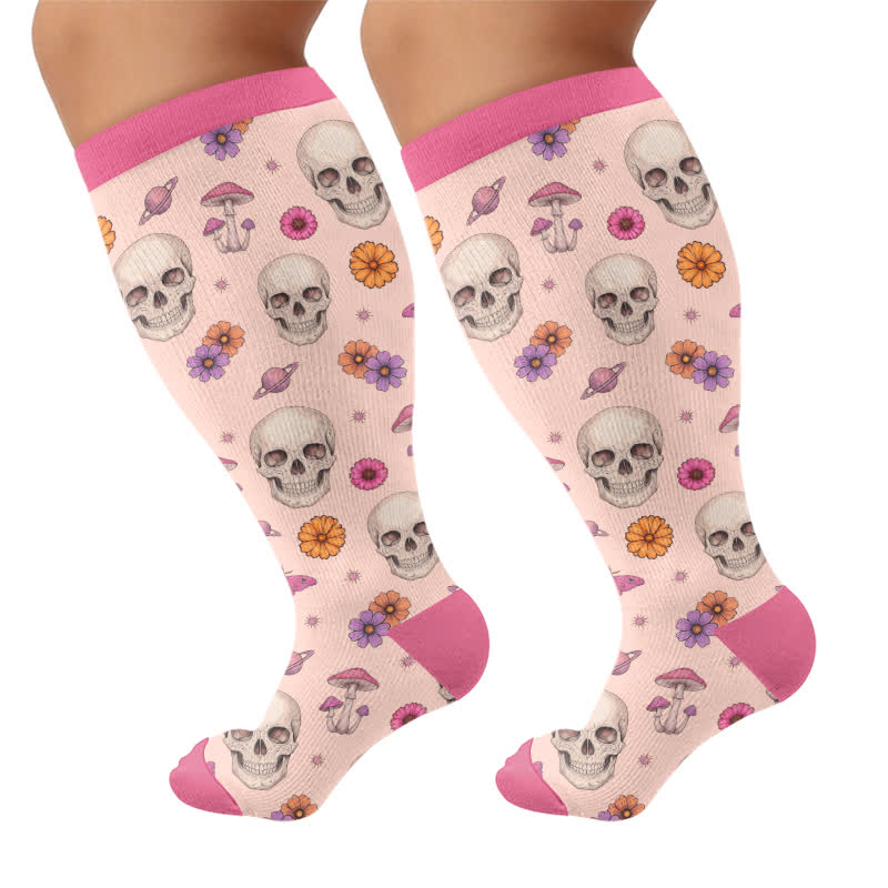 Plus Size Gothic Skull Rose Compression Socks - Pink(1 Pair) - 4XL - image 8