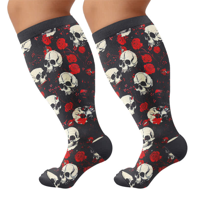 Plus Size Gothic Skull Rose Compression Socks - Black(1 Pair) - 4XL - image 10