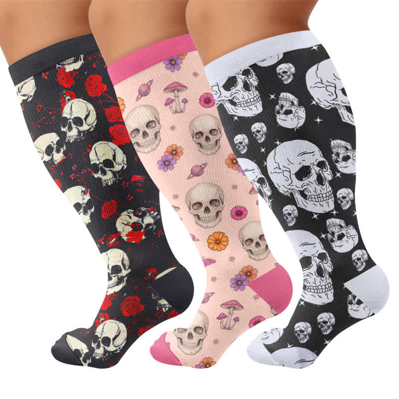 Plus Size Gothic Skull Rose Compression Socks - Multicolor(3 Pairs) - 4XL - image 4