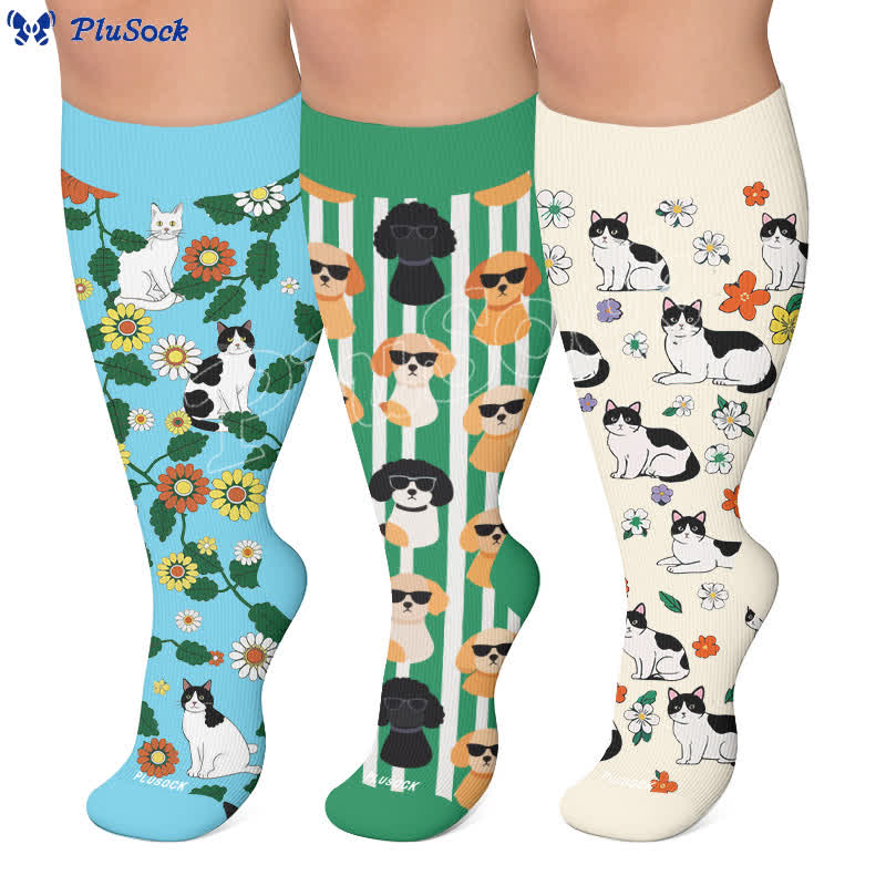 Plus Size Fun Cartoon Cat & Dog Print Compression Socks - image 0