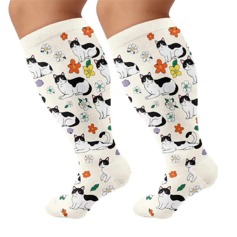 Plus Size Fun Cartoon Cat & Dog Print Compression Socks - White(1 Pair) - 4XL - image 8