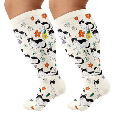 Plus Size Fun Cartoon Cat & Dog Print Compression Socks - White(1 Pair) - 4XL - image 8