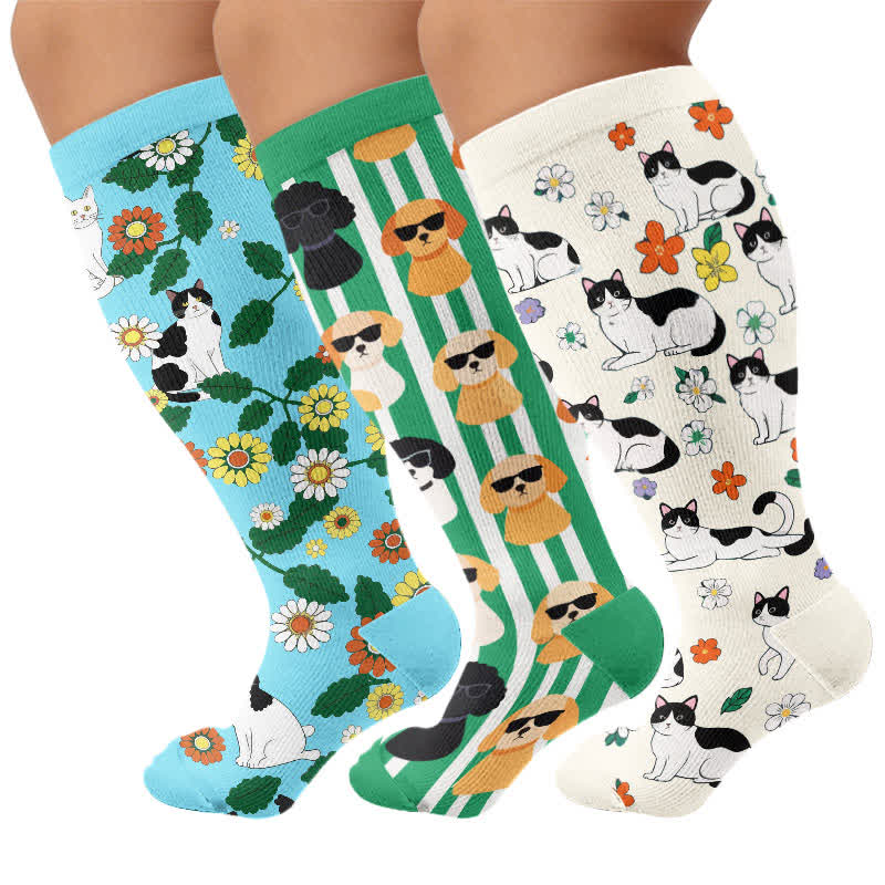 Plus Size Fun Cartoon Cat & Dog Print Compression Socks - Multicolor(3 Pairs) - 4XL - image 4