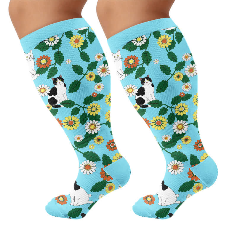 Plus Size Fun Cartoon Cat & Dog Print Compression Socks - Blue(1 Pair) - 4XL - image 9