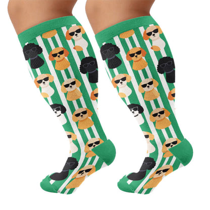 Plus Size Fun Cartoon Cat & Dog Print Compression Socks - Green(1 Pair) - 4XL - image 10