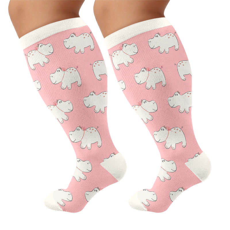 Plus Size Cute Cartoon Print Novelty Compression Socks - Pink(1 Pair) - 4XL - image 9