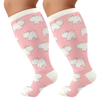 Plus Size Cute Cartoon Print Novelty Compression Socks - Pink(1 Pair) - 4XL - image 9
