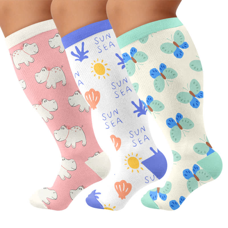 Plus Size Cute Cartoon Print Novelty Compression Socks - Multicolor(3 Pairs) - 4XL - image 4