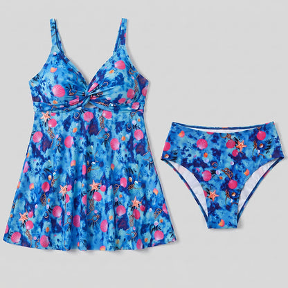 Flower Seashell Print Twist Front Two-Piece Swim Dress - image 14