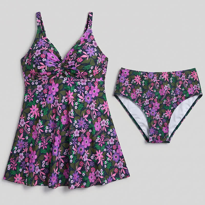 Flower Seashell Print Twist Front Two-Piece Swim Dress - image 13
