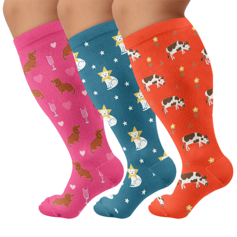 Plus Size Playful Animal Compression Socks - Multicolor(3 Pairs) - 4XL - image 4