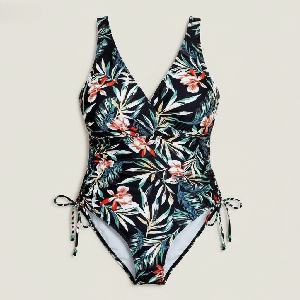 Tropical Leaf Ruched One-Piece Swimsuit - Black - 5XL - image 8