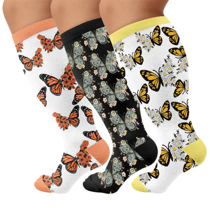 Plus Size Sunset Butterfly Compression Socks - Multicolor(3 Pairs) - 4XL - image 4