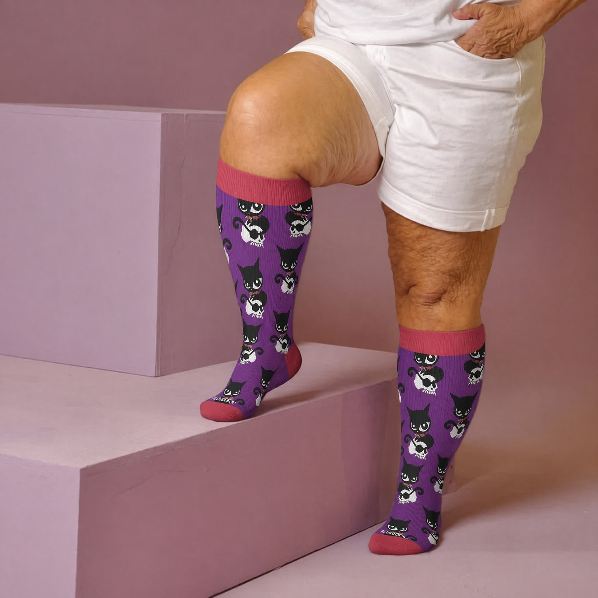 Plus Size Skeleton Cat Compression Socks - Purple(1 Pair) - 4XL - image 1