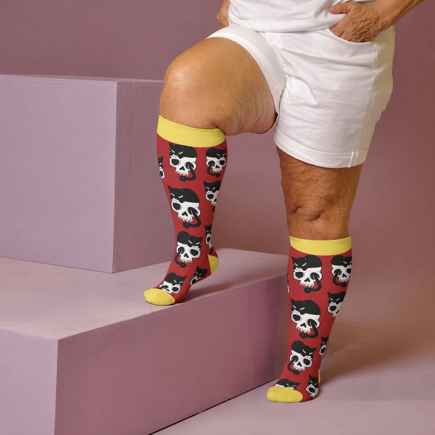 Plus Size Skeleton Cat Compression Socks - Red(1 Pair) - 4XL - image 2