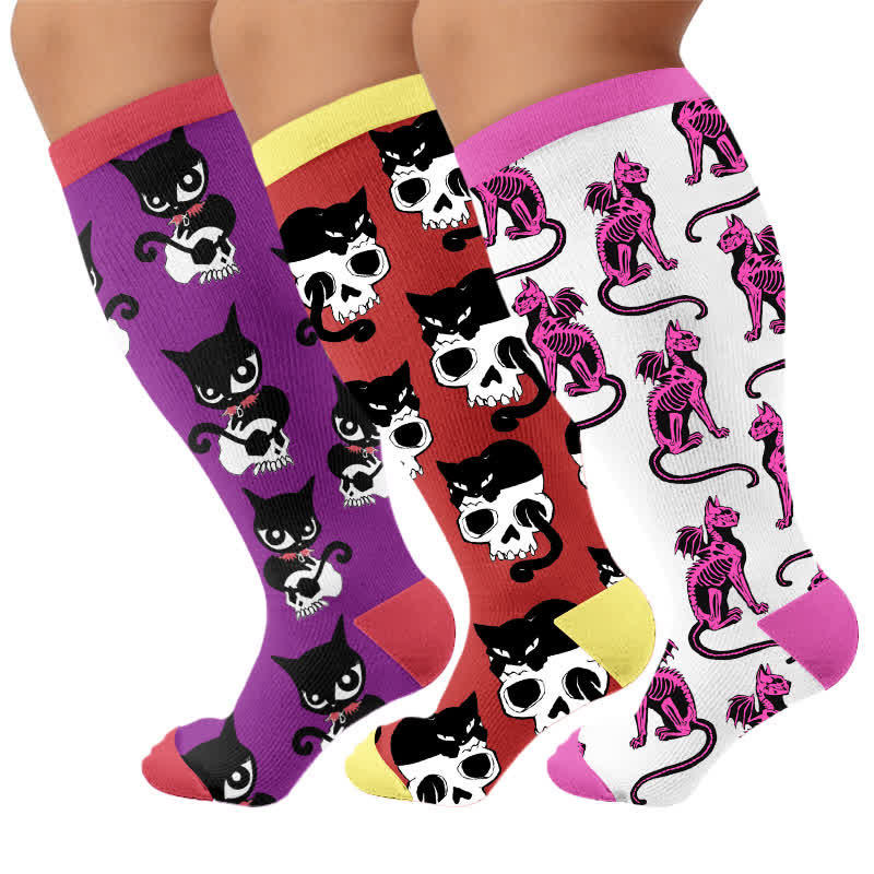 Plus Size Skeleton Cat Compression Socks - Multicolor(3 Pairs) - 4XL - image 4